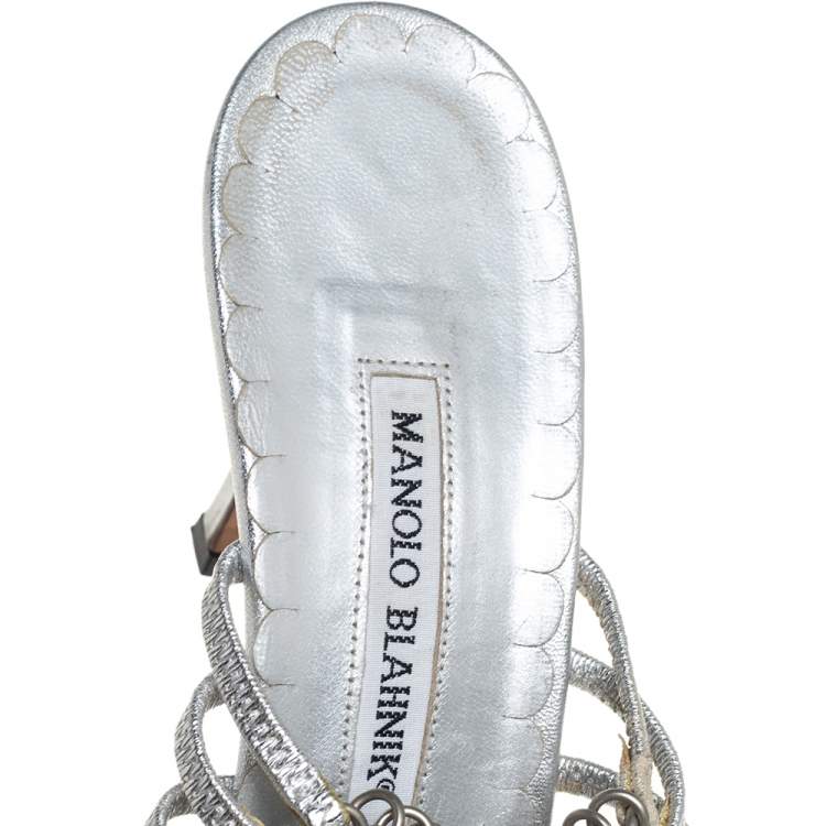 Pre Owned Manolo Blahnik Metallic Silver Leather Strappy Chain Slide Sandals Size 38