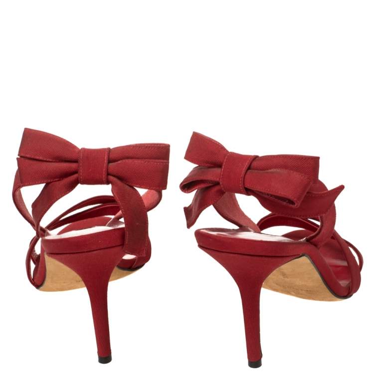Pre Owned Manolo Blahnik Burgundy Fabric Slingback Bow Sandals Size 39.5