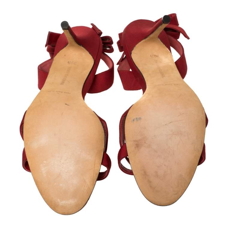 Pre Owned Manolo Blahnik Burgundy Fabric Slingback Bow Sandals Size 39.5