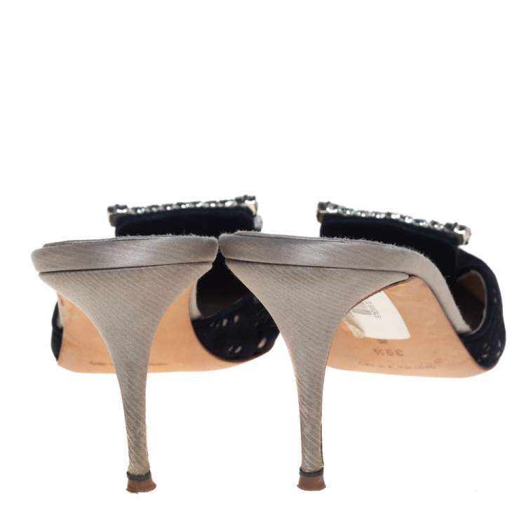 Pre Owned Manolo Blahnik Black Satin and Lace Borli Crystal Embellished Mule Sandals Size 39.5