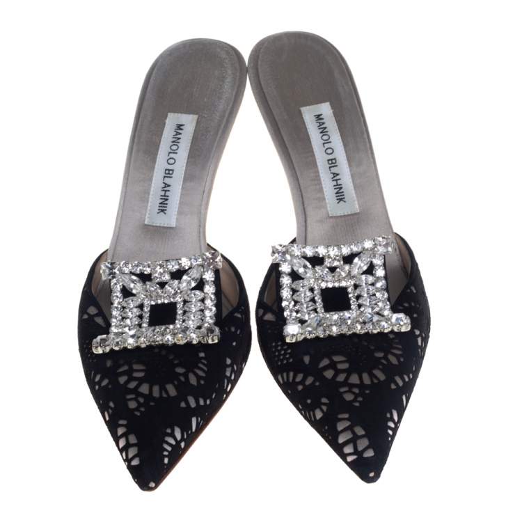 Pre Owned Manolo Blahnik Black Satin and Lace Borli Crystal Embellished Mule Sandals Size 39.5