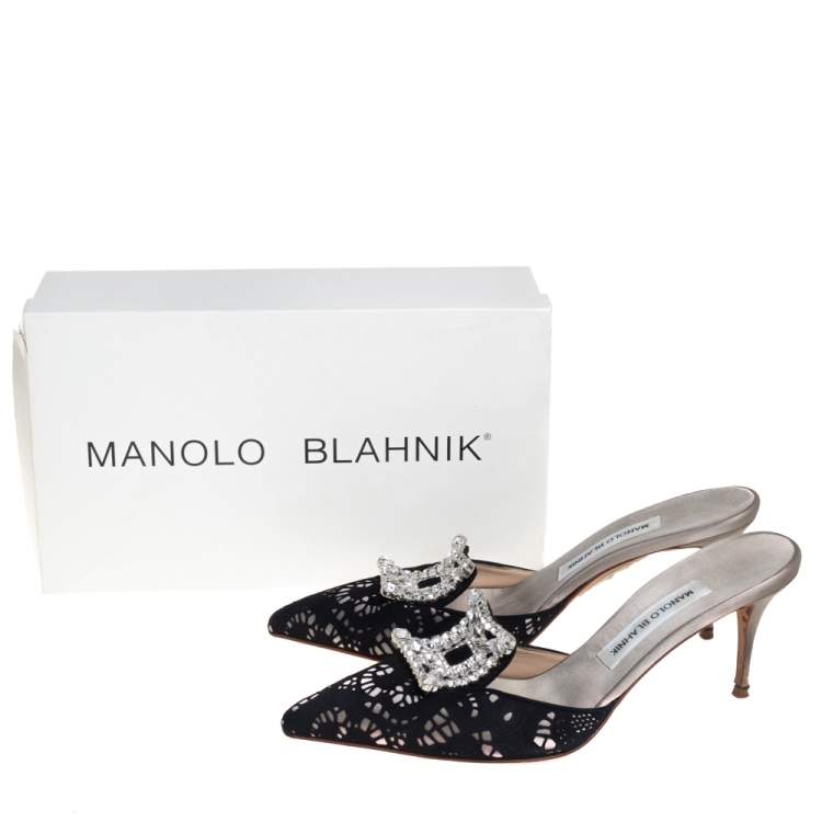 Pre Owned Manolo Blahnik Black Satin and Lace Borli Crystal Embellished Mule Sandals Size 39.5