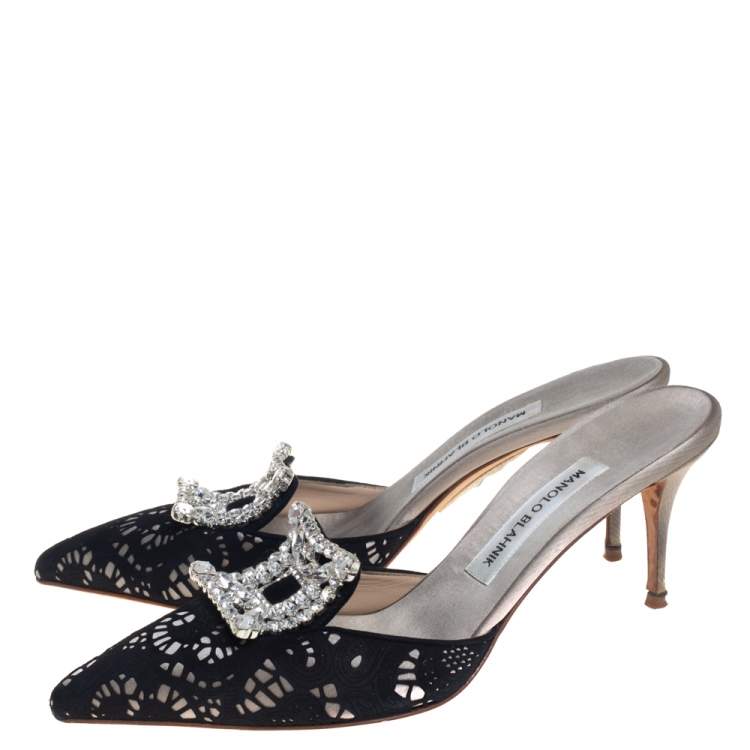Pre Owned Manolo Blahnik Black Satin and Lace Borli Crystal Embellished Mule Sandals Size 39.5