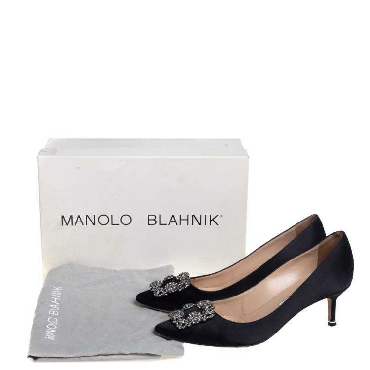 Pre Owned Manolo Blahnik Black Satin Hangisi Embellished Pointed Toe Pumps Size 38