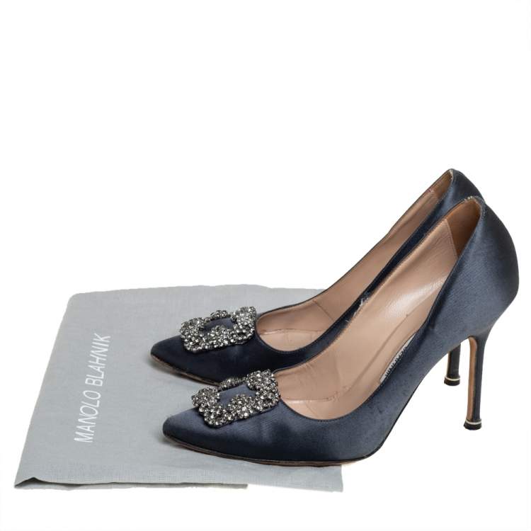 Pre Owned Manolo Blahnik Grey Satin Hangisi Embellished Pumps Size 38