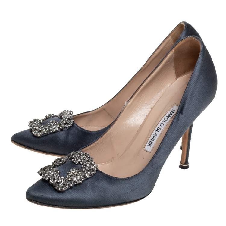 Pre Owned Manolo Blahnik Grey Satin Hangisi Embellished Pumps Size 38