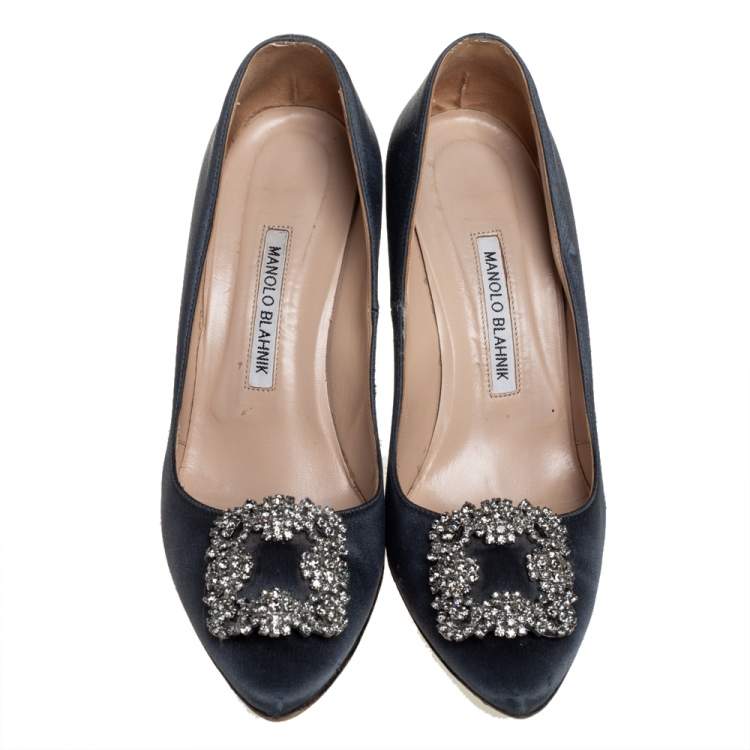 Pre Owned Manolo Blahnik Grey Satin Hangisi Embellished Pumps Size 38