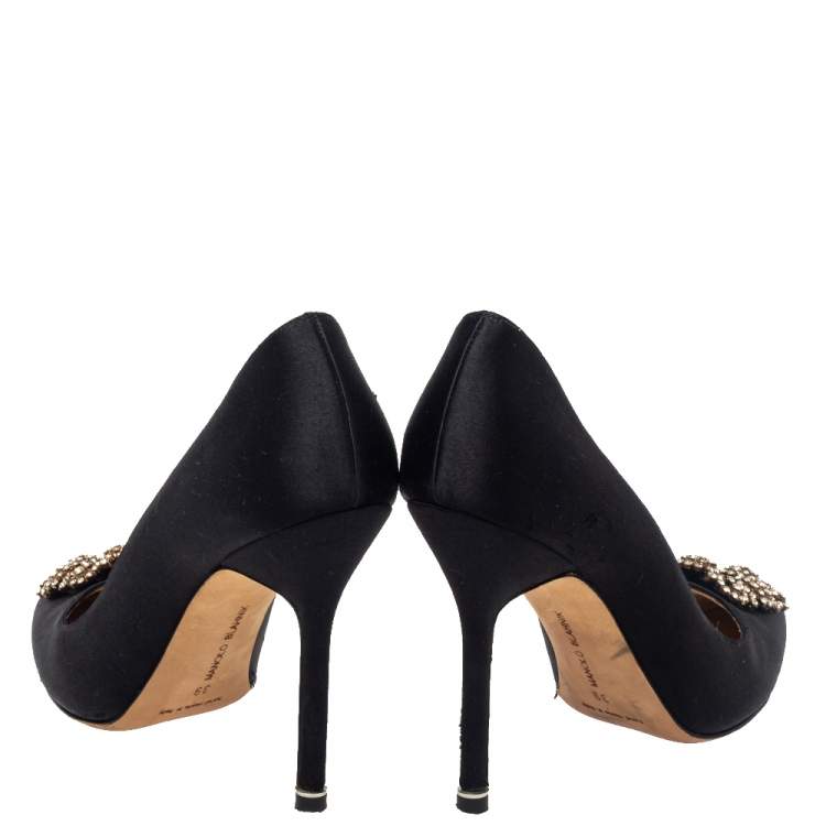Pre Owned Manolo Blahnik Black Satin Hangisi Embellished Pointed Toe Pumps Size 39