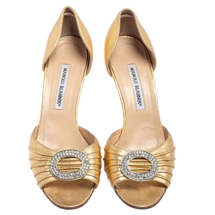Pre Owned Manolo Blahnik Metallic Gold Pleated Leather Sedaraby D'orsay Sandals Size 38.5