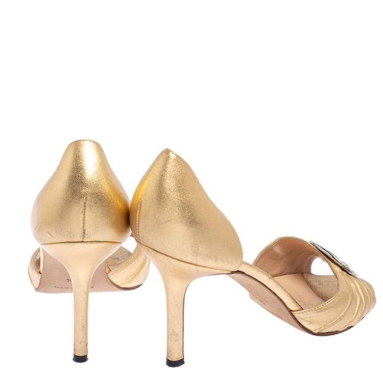 Pre Owned Manolo Blahnik Metallic Gold Pleated Leather Sedaraby D'orsay Sandals Size 38.5