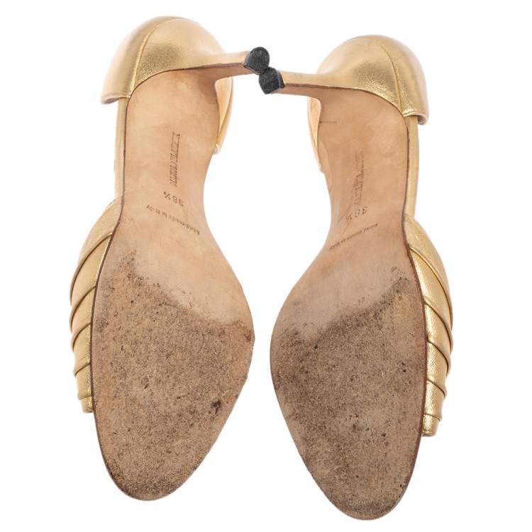 Pre Owned Manolo Blahnik Metallic Gold Pleated Leather Sedaraby D'orsay Sandals Size 38.5