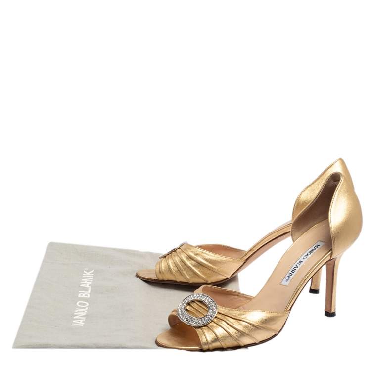 Pre Owned Manolo Blahnik Metallic Gold Pleated Leather Sedaraby D'orsay Sandals Size 38.5