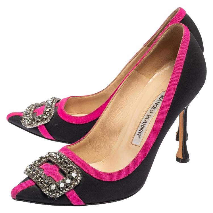 Pre Owned Manolo Blahnik Black/Pink Fabric Gotrian Crystal Embellished Pumps Size 37