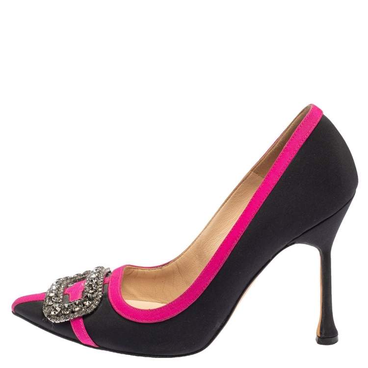 Pre Owned Manolo Blahnik Black/Pink Fabric Gotrian Crystal Embellished Pumps Size 37