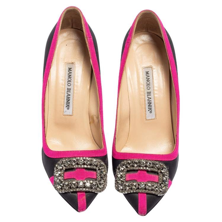 Pre Owned Manolo Blahnik Black/Pink Fabric Gotrian Crystal Embellished Pumps Size 37