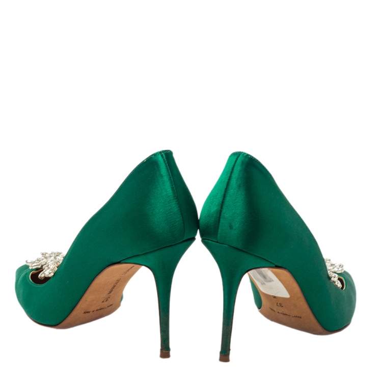 Pre Owned Manolo Blahnik Green Satin Nadira Pumps Size 37