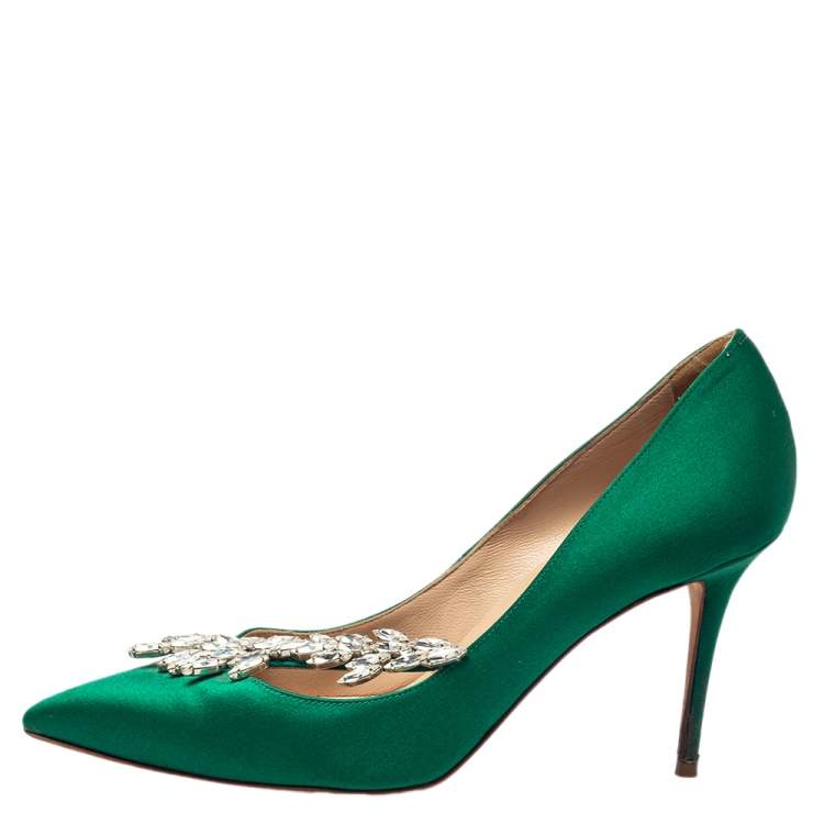 Pre Owned Manolo Blahnik Green Satin Nadira Pumps Size 37