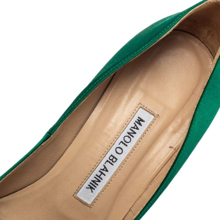 Pre Owned Manolo Blahnik Green Satin Nadira Pumps Size 37