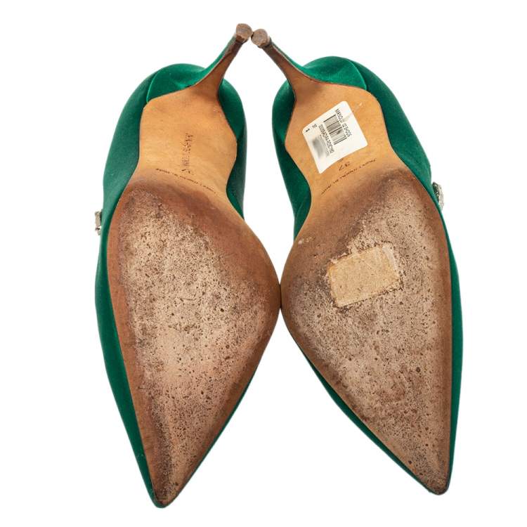 Pre Owned Manolo Blahnik Green Satin Nadira Pumps Size 37