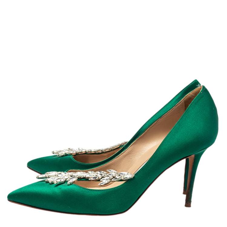 Pre Owned Manolo Blahnik Green Satin Nadira Pumps Size 37