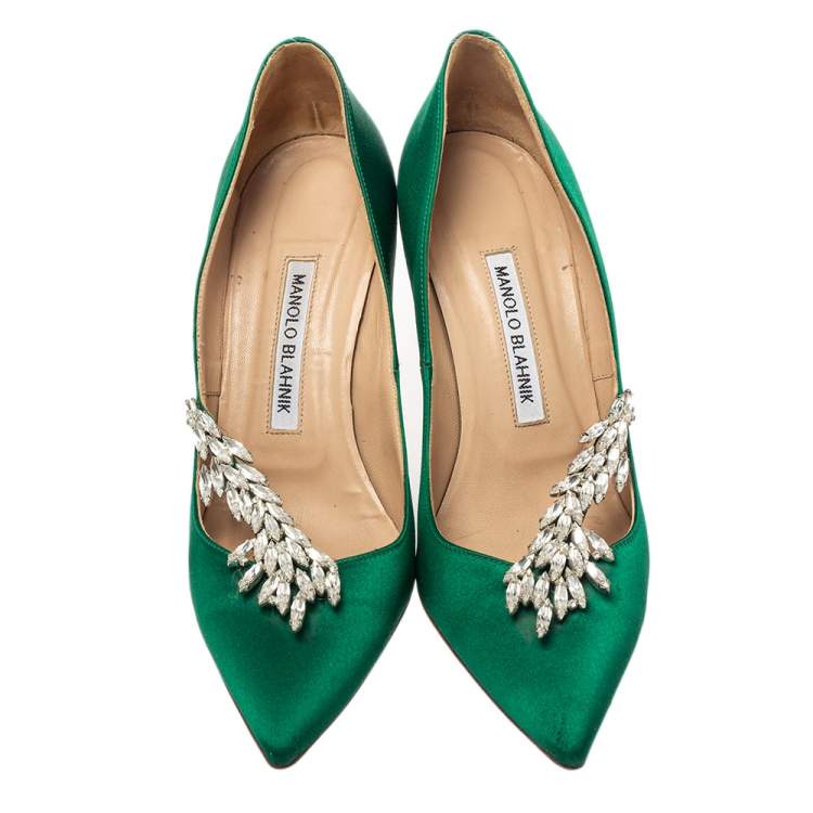 Pre Owned Manolo Blahnik Green Satin Nadira Pumps Size 37