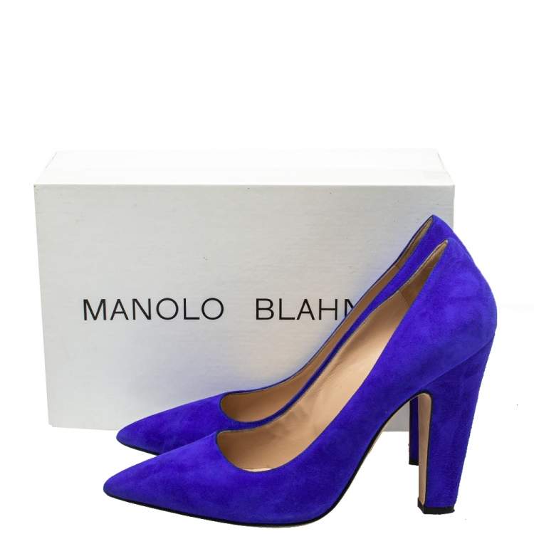 Pre Owned Manolo Blahnik Blue Suede Alba Block Heel Pumps Size 40.5