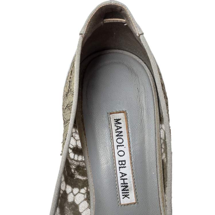 Pre Owned Manolo Blahnik Grey Lace And Satin Hangisi Pointed Toe Pumps Size 38.5