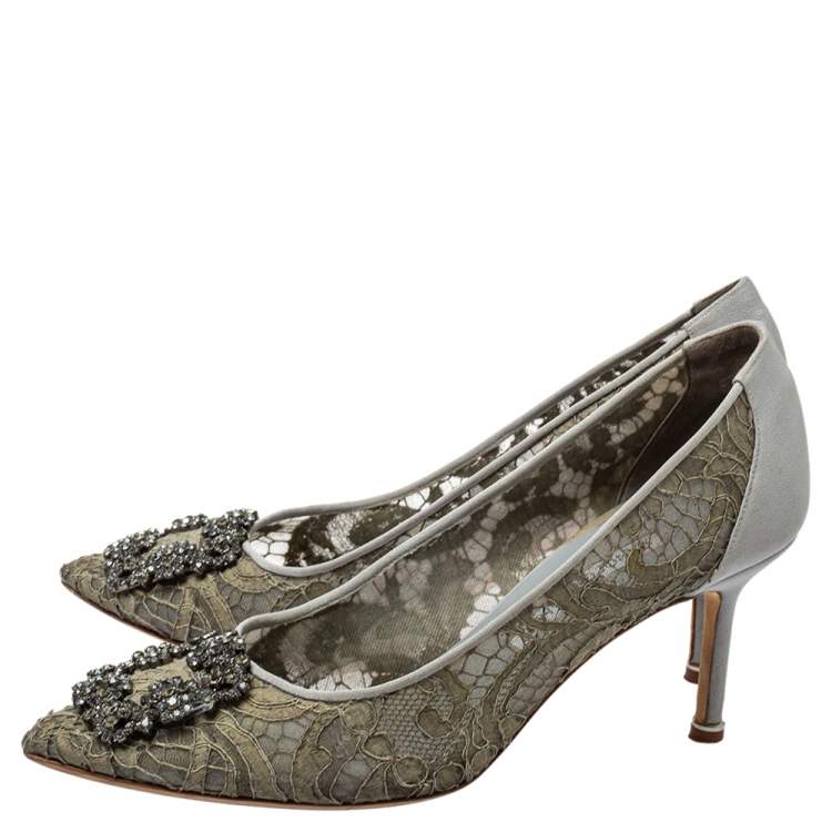 Pre Owned Manolo Blahnik Grey Lace And Satin Hangisi Pointed Toe Pumps Size 38.5
