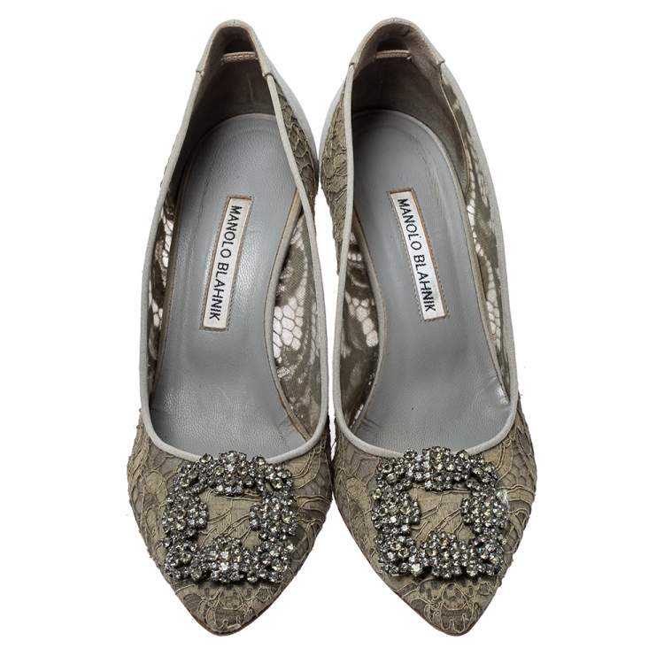 Pre Owned Manolo Blahnik Grey Lace And Satin Hangisi Pointed Toe Pumps Size 38.5
