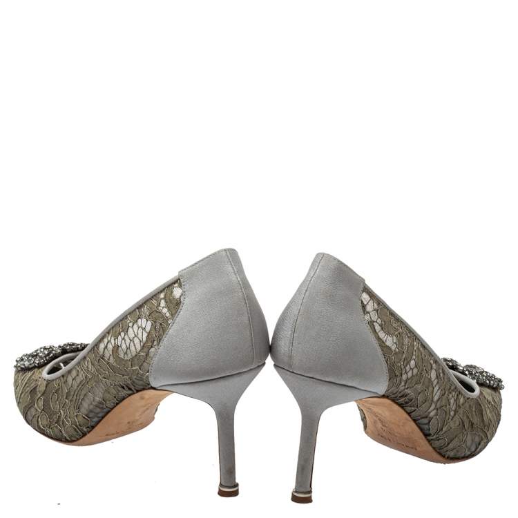 Pre Owned Manolo Blahnik Grey Lace And Satin Hangisi Pointed Toe Pumps Size 38.5
