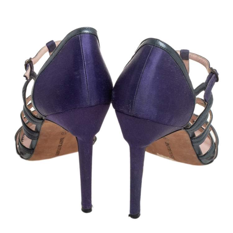 Pre Owned Manolo Blahnik Purple/Grey  Leather And Satin Cage Sandals Size 40