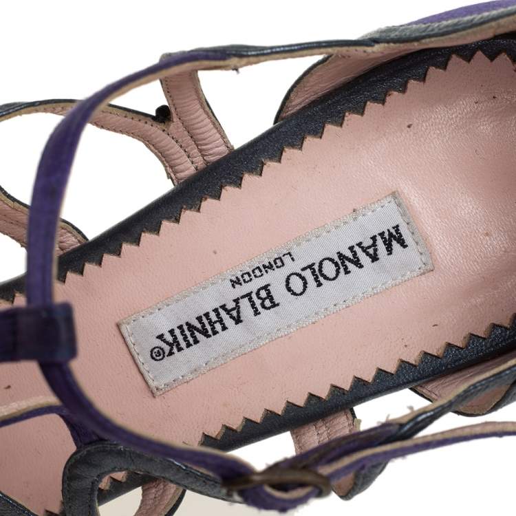 Pre Owned Manolo Blahnik Purple/Grey  Leather And Satin Cage Sandals Size 40