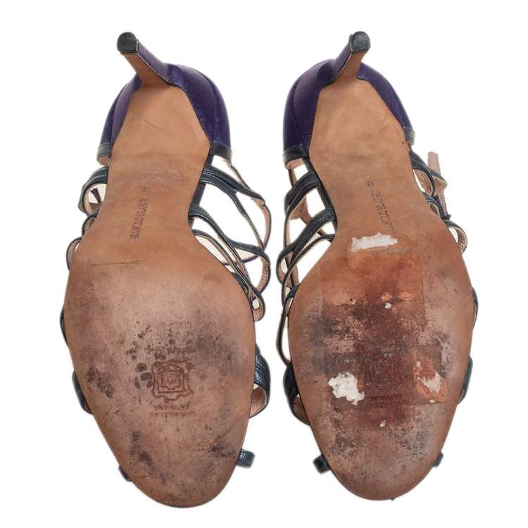 Pre Owned Manolo Blahnik Purple/Grey  Leather And Satin Cage Sandals Size 40