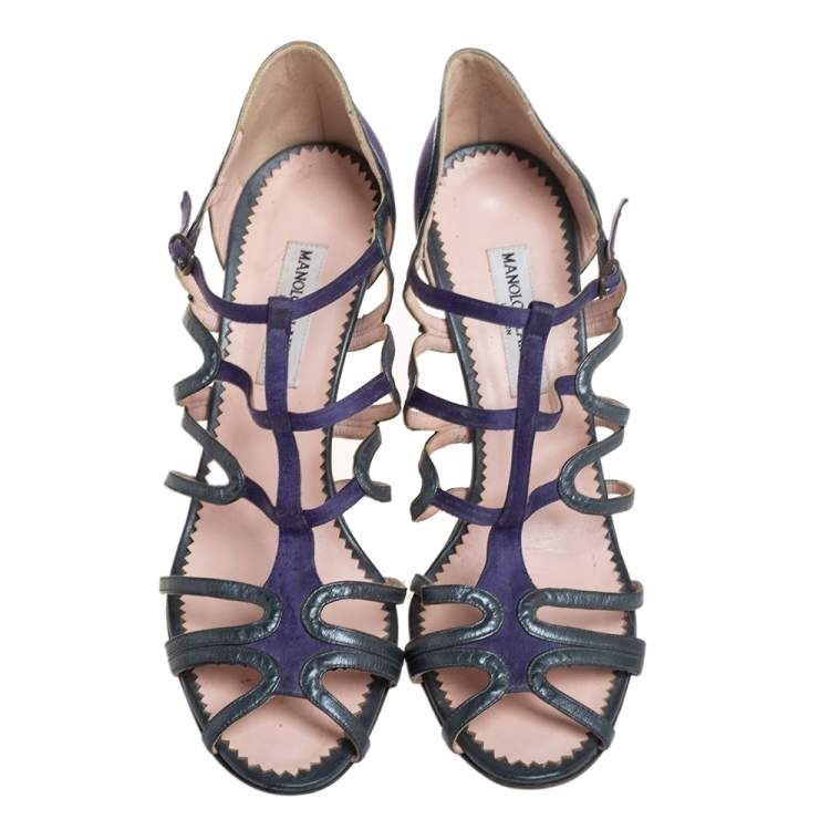 Pre Owned Manolo Blahnik Purple/Grey  Leather And Satin Cage Sandals Size 40