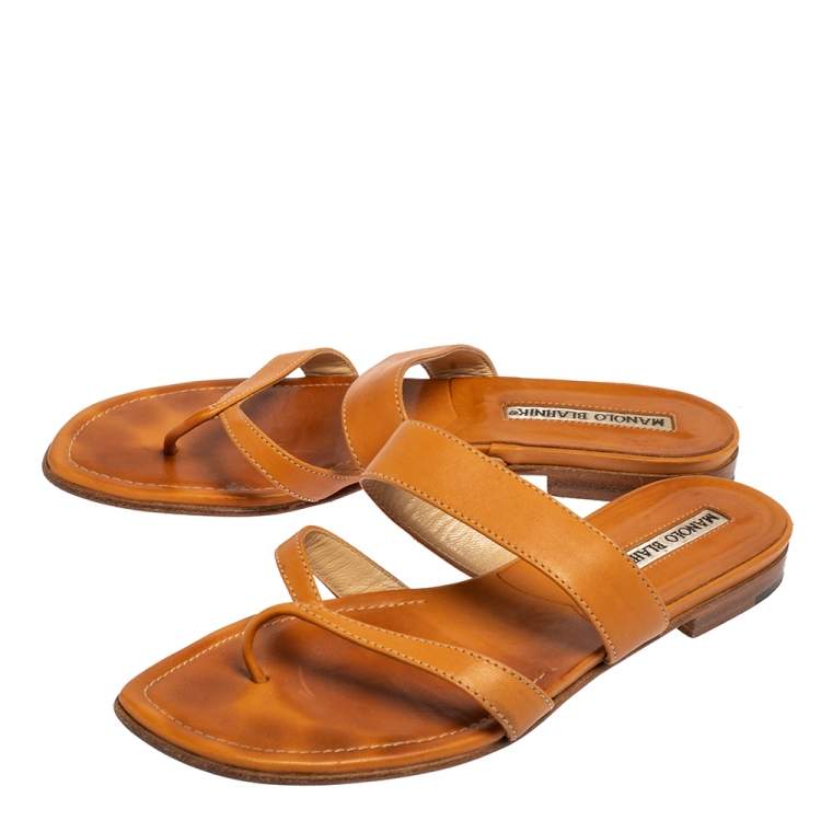 Pre Owned Manolo Blahnik Tan Leather Susa Flat Sandals Size 36