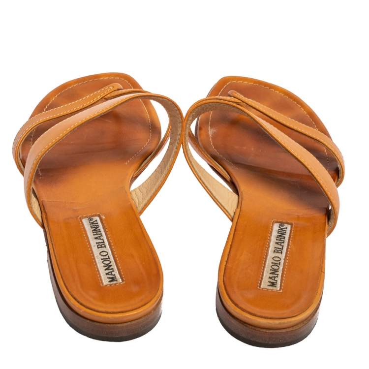 Pre Owned Manolo Blahnik Tan Leather Susa Flat Sandals Size 36