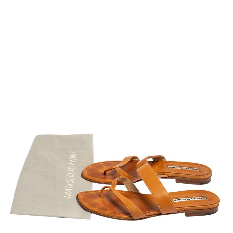Pre Owned Manolo Blahnik Tan Leather Susa Flat Sandals Size 36
