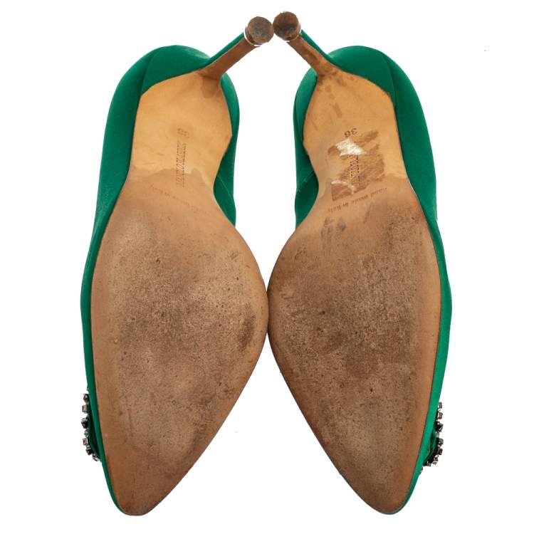 Pre Owned Manolo Blahnik Green Satin Hangisi Pumps Size 36