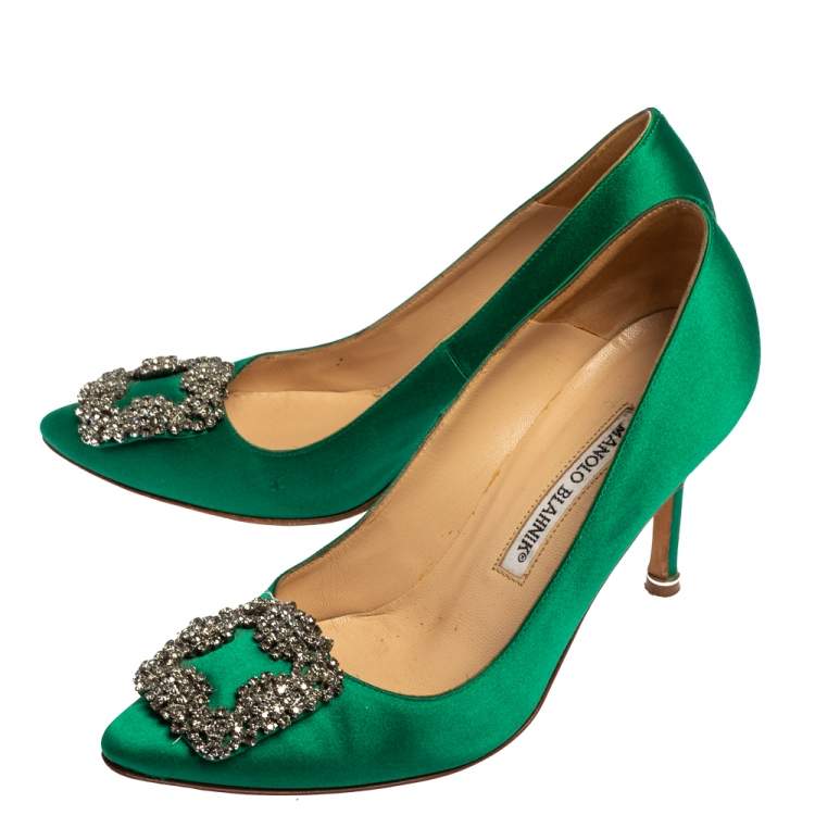 Pre Owned Manolo Blahnik Green Satin Hangisi Pumps Size 36