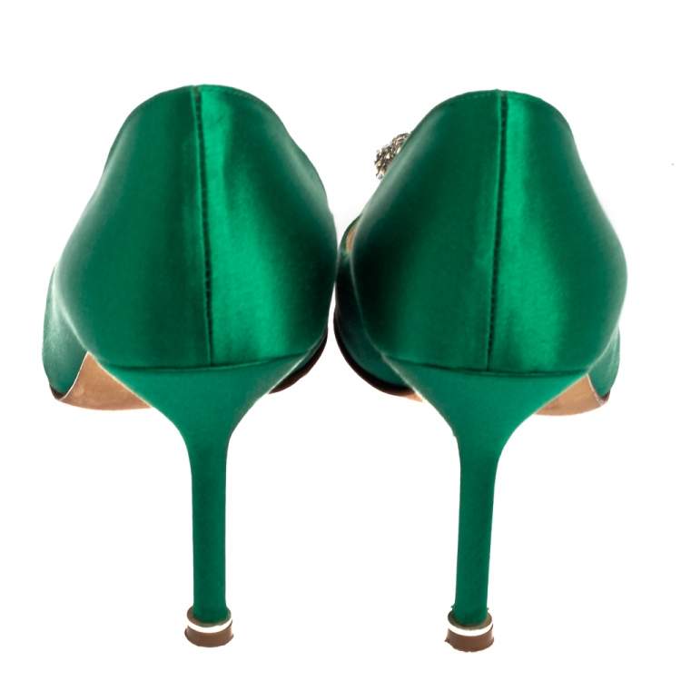 Pre Owned Manolo Blahnik Green Satin Hangisi Pumps Size 36