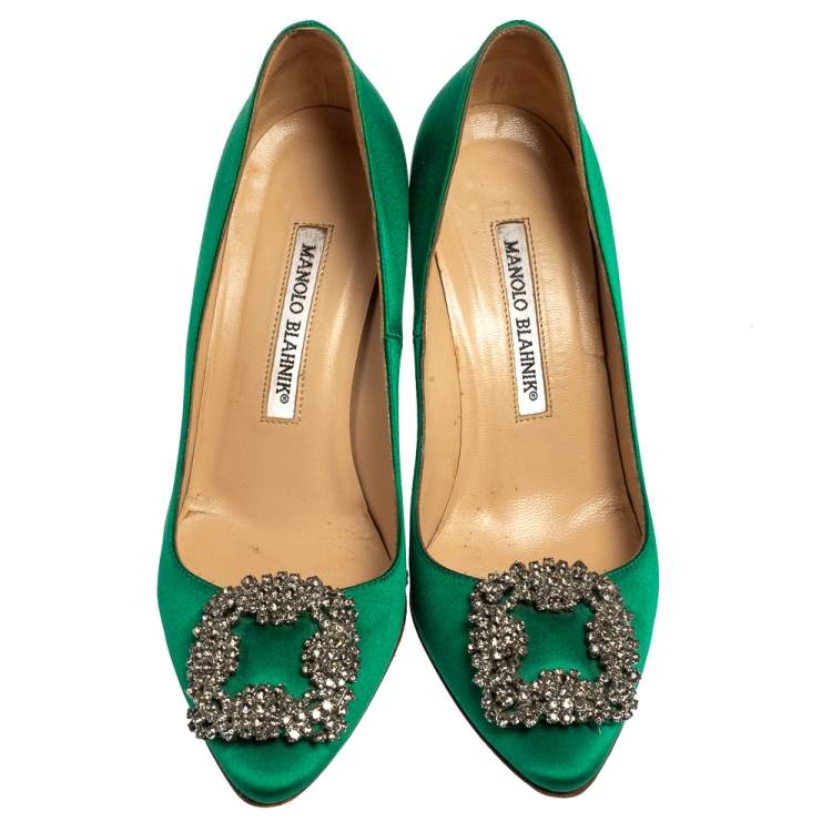 Pre Owned Manolo Blahnik Green Satin Hangisi Pumps Size 36