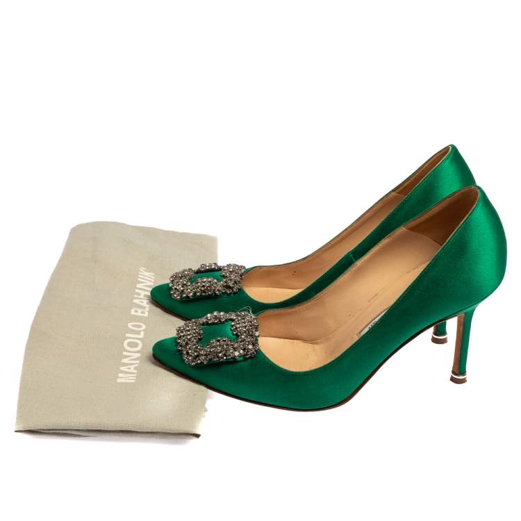 Pre Owned Manolo Blahnik Green Satin Hangisi Pumps Size 36