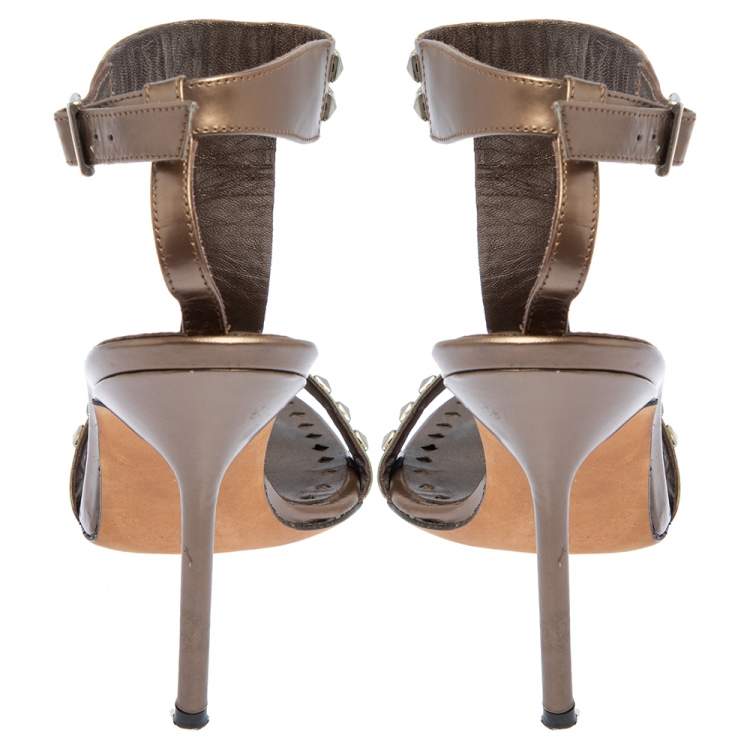 Pre Owned Manolo Blahnik  Brown Leather T Strap Sandals Size 35.5