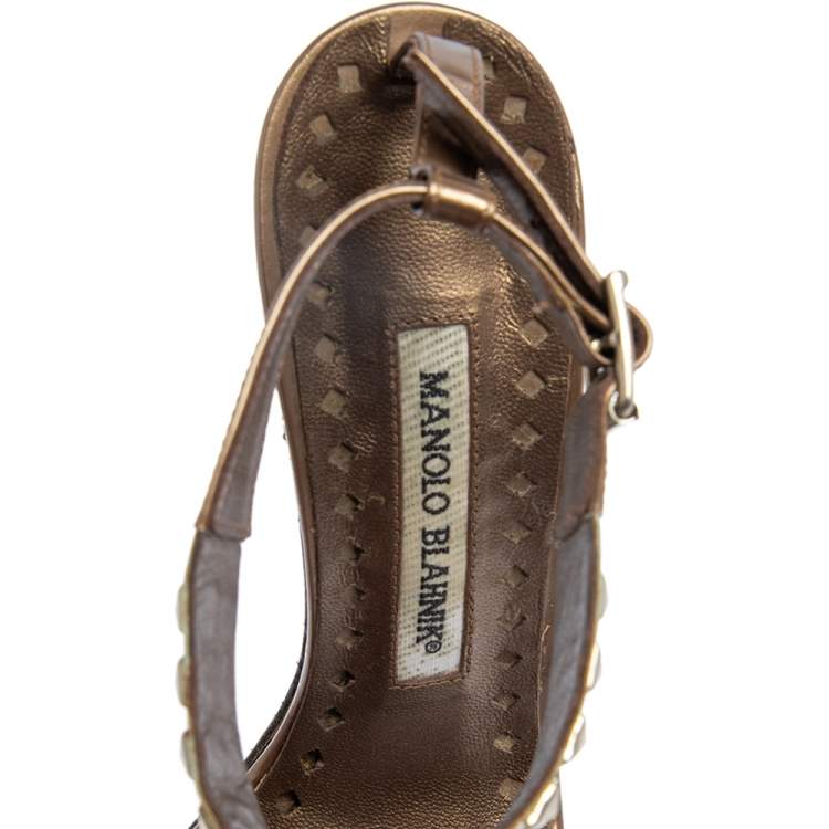 Pre Owned Manolo Blahnik  Brown Leather T Strap Sandals Size 35.5