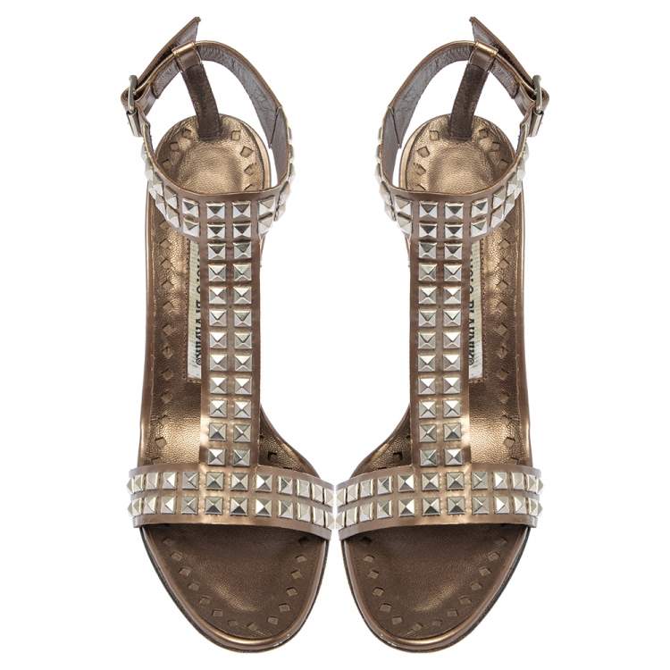 Pre Owned Manolo Blahnik  Brown Leather T Strap Sandals Size 35.5