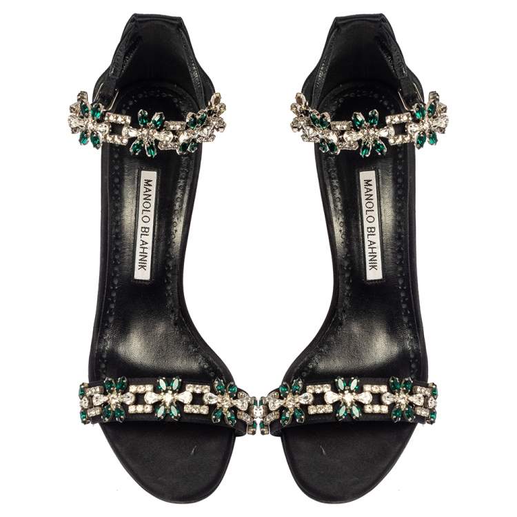 Pre Owned Manolo Blahnik Black Satin Firadou Crystal Embellished Ankle Strap Sandals Size 39.5