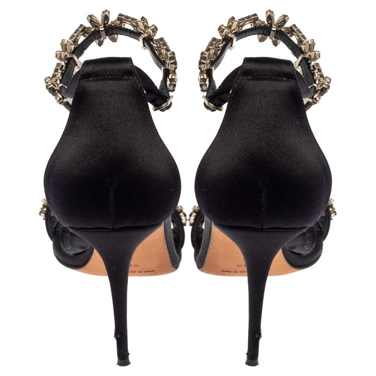 Pre Owned Manolo Blahnik Black Satin Firadou Crystal Embellished Ankle Strap Sandals Size 39.5