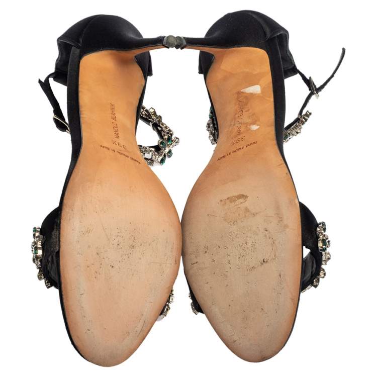 Pre Owned Manolo Blahnik Black Satin Firadou Crystal Embellished Ankle Strap Sandals Size 39.5