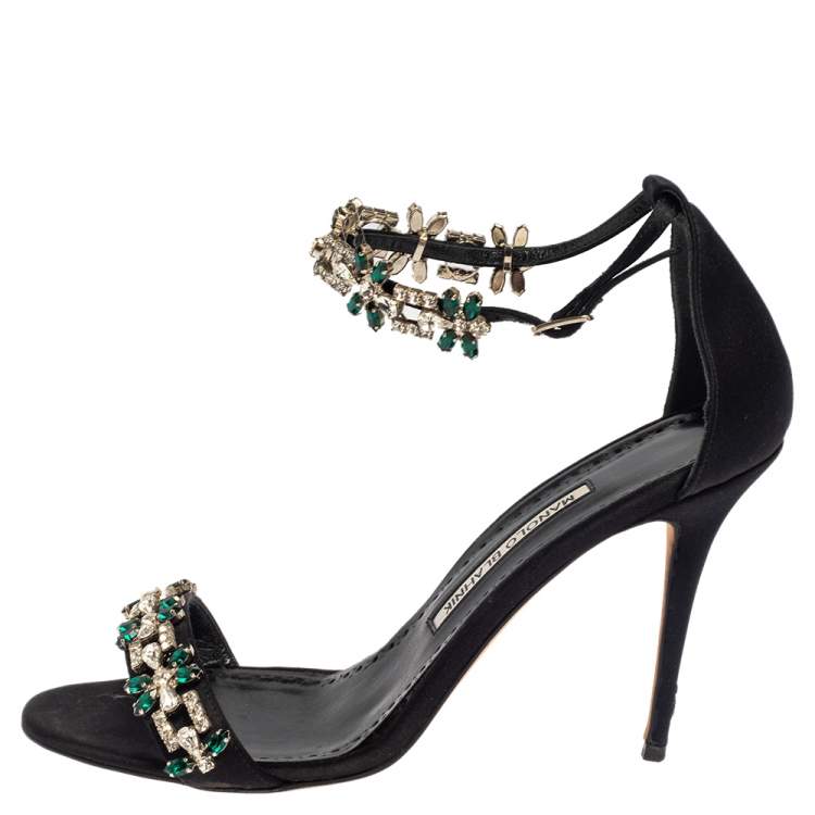 Pre Owned Manolo Blahnik Black Satin Firadou Crystal Embellished Ankle Strap Sandals Size 39.5