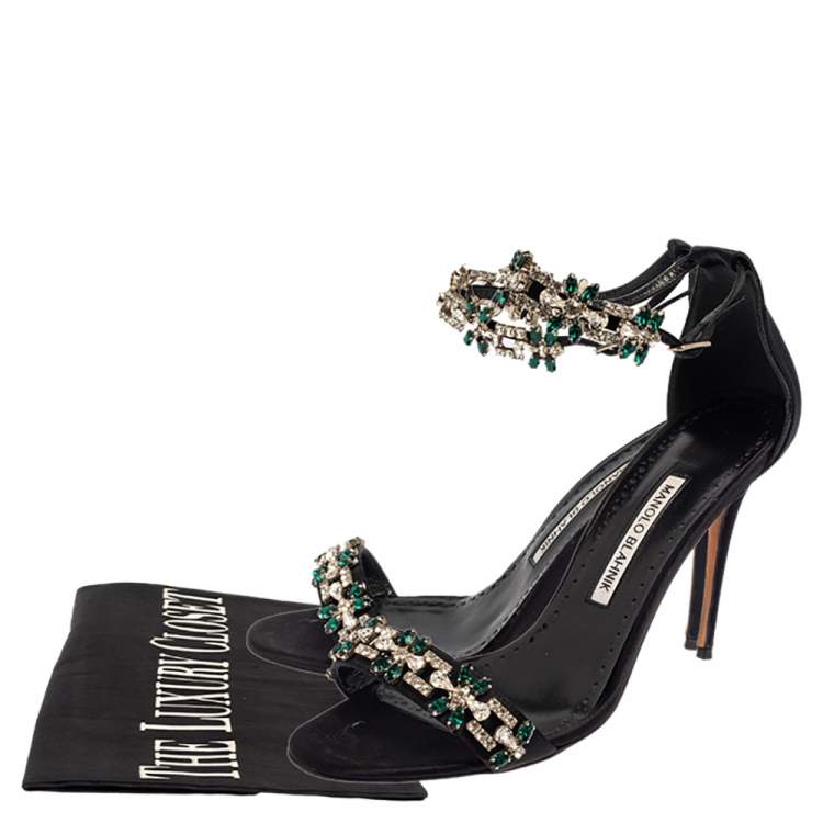 Pre Owned Manolo Blahnik Black Satin Firadou Crystal Embellished Ankle Strap Sandals Size 39.5